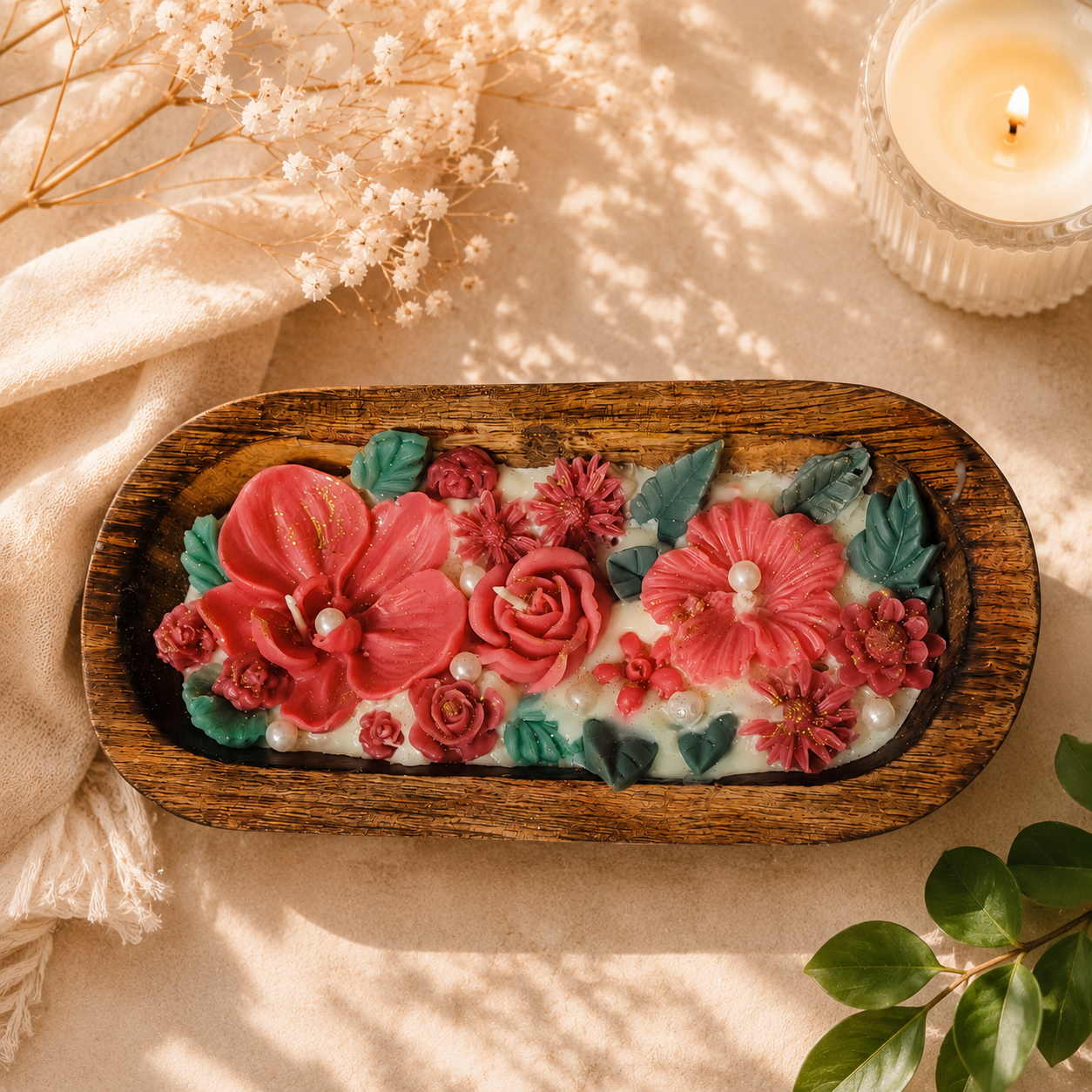 flower wooden boat candle